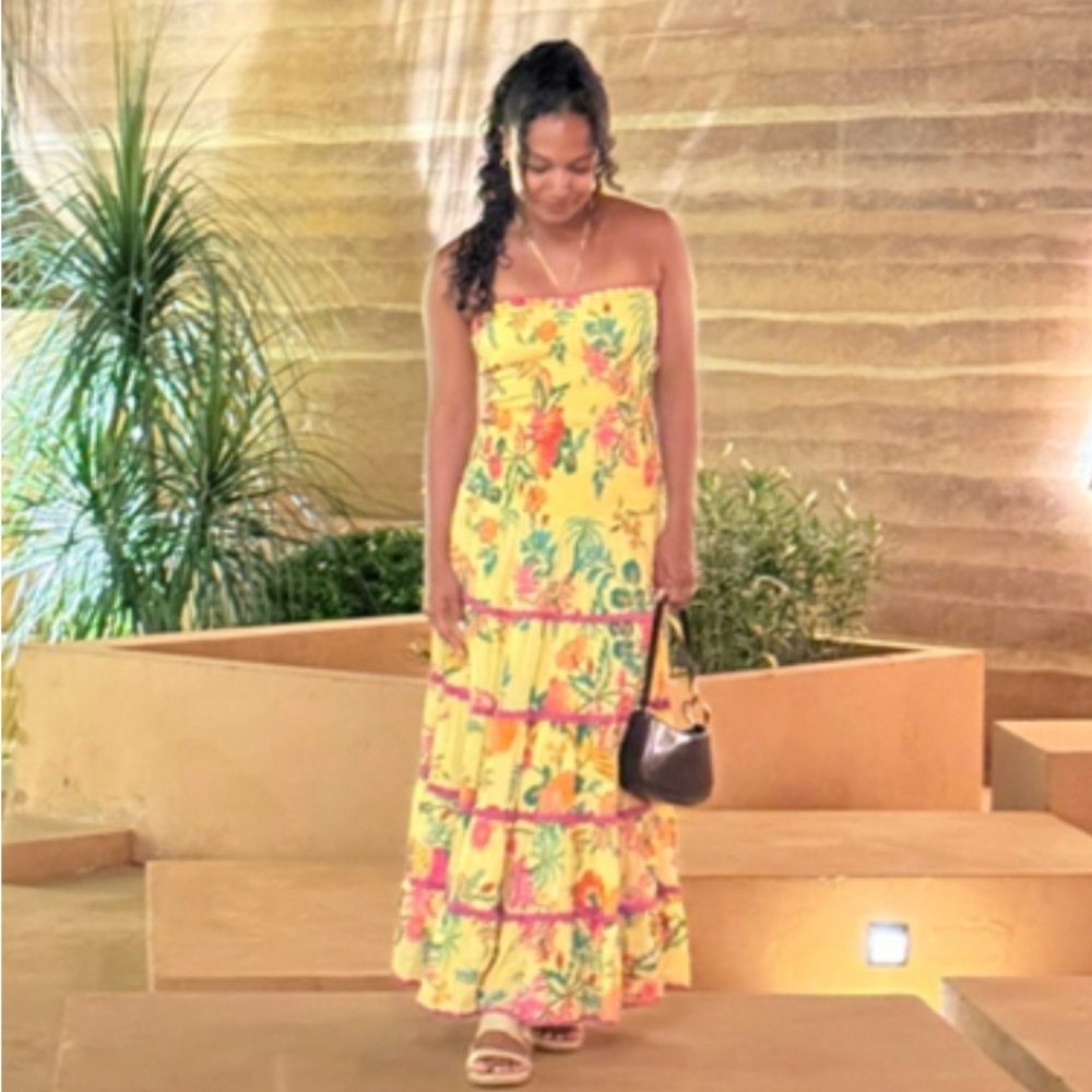 FARM Rio Delicate Fruit Garden Yellow Smocked Maxi Dress Size XXS